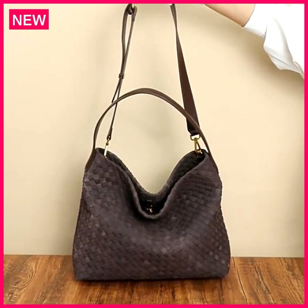 Braided Leather Tote Bag with Woven Suede Details, Shoulder Bag - Picture 8 of 8